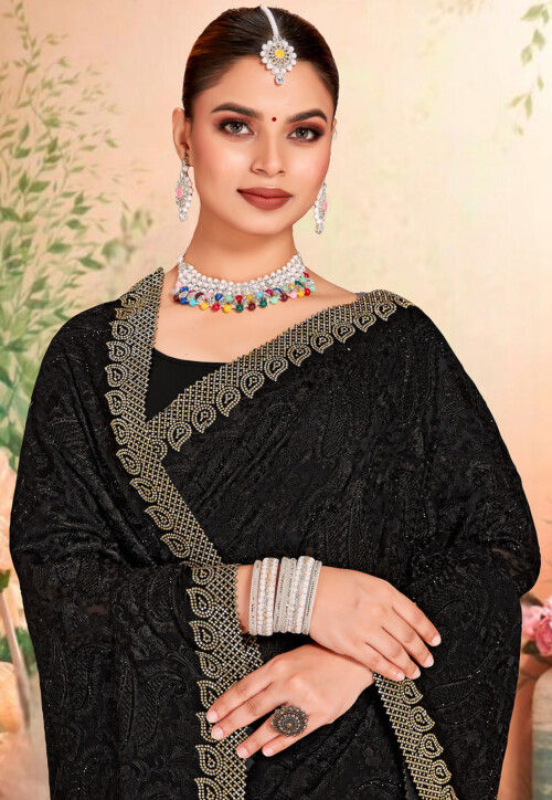 Embroidered Georgette Scalloped Saree in Black