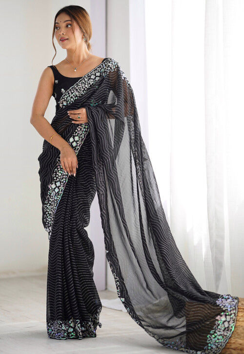 Embroidered Georgette Scalloped Saree in Black