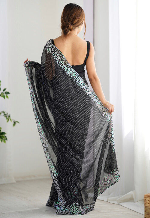 Embroidered Georgette Scalloped Saree in Black