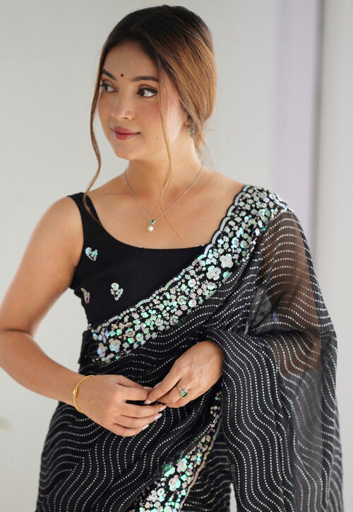 Embroidered Georgette Scalloped Saree in Black