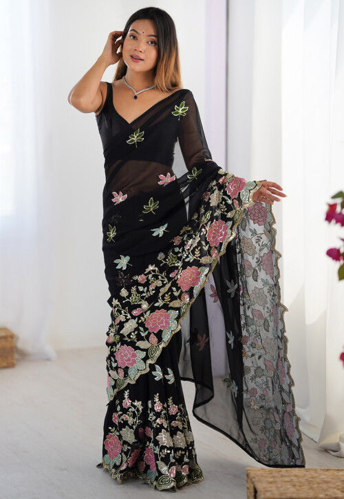 Embroidered Georgette Scalloped Saree in Black
