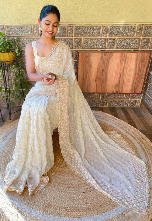 Embroidered Georgette Scalloped Saree in Cream