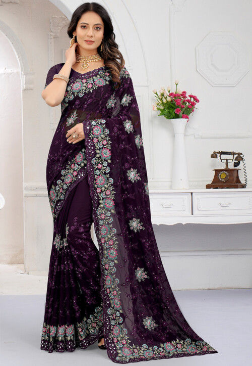 Border Work On Awesome Fancy Fabric Saree In Purple Color
