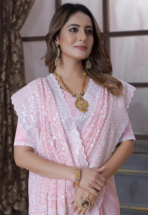 Embroidered Georgette Scalloped Saree in Peach