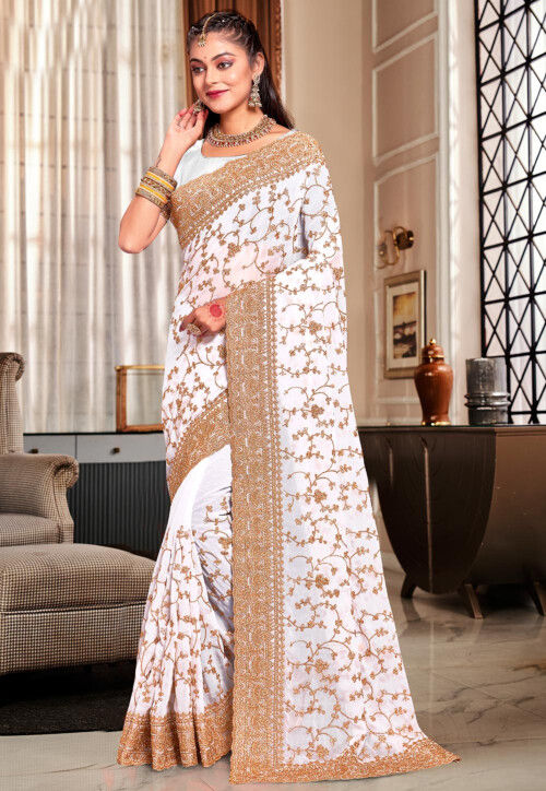 Embroidered Georgette Scalloped Saree in Off White