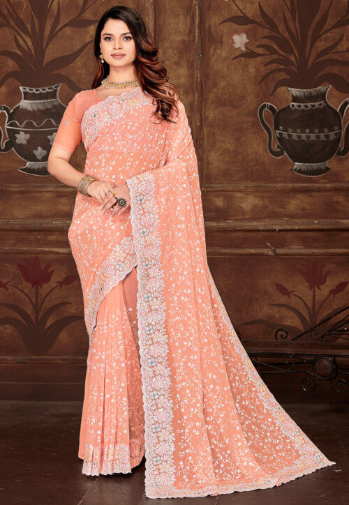 Embroidered Georgette Scalloped Saree in Orange