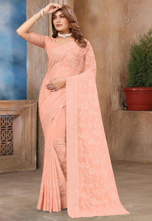 Embroidered Georgette Scalloped Saree in Peach