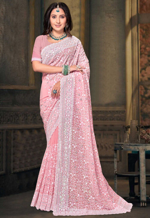 Embroidered Georgette Scalloped Saree in Pink