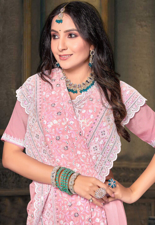 Embroidered Georgette Scalloped Saree in Pink