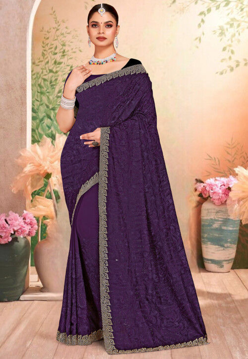 Embroidered Georgette Scalloped Saree in Purple