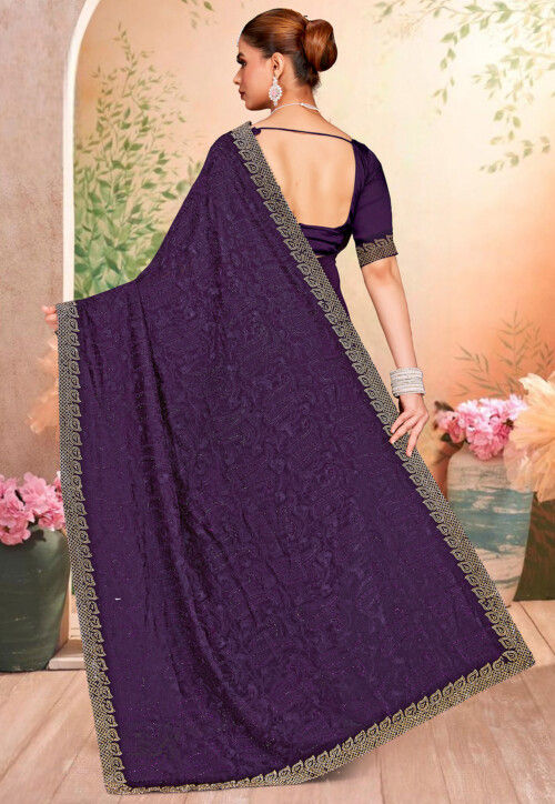 Embroidered Georgette Scalloped Saree in Purple