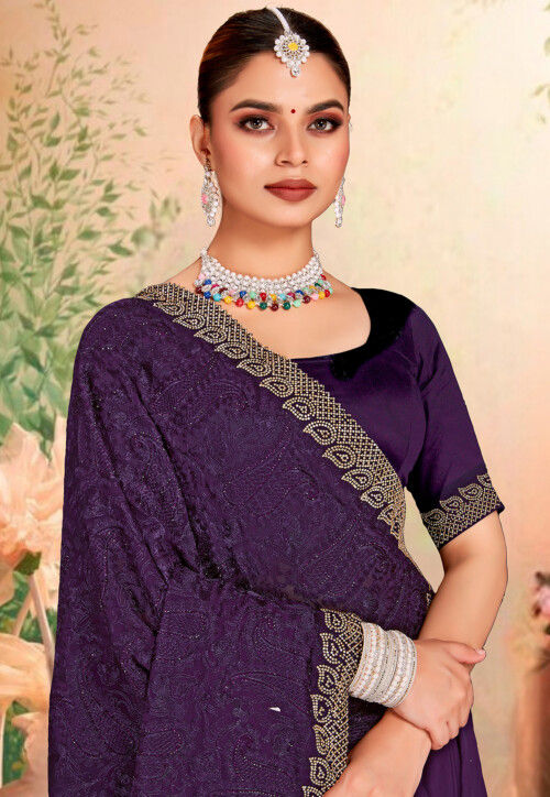 Embroidered Georgette Scalloped Saree in Purple