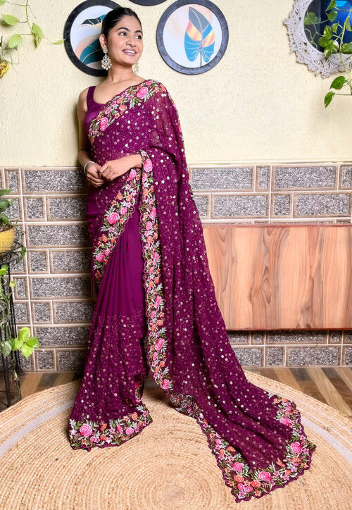 Embroidered Georgette Scalloped Saree in Purple