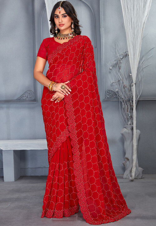 Embroidered Georgette Scalloped Saree in Red