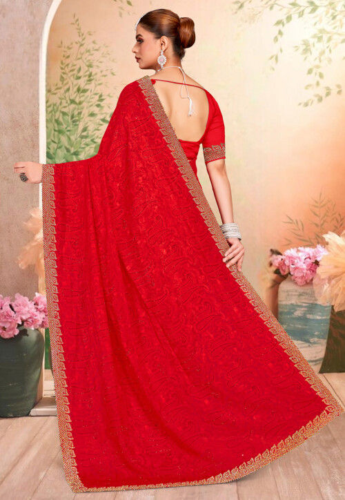 Embroidered Georgette Scalloped Saree in Red
