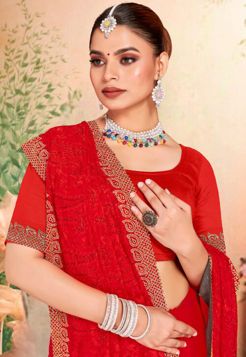 Embroidered Georgette Scalloped Saree in Red