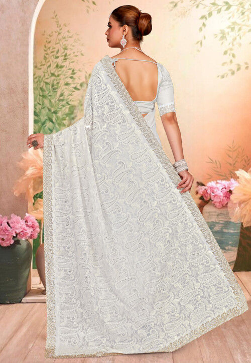 Embroidered Georgette Scalloped Saree in White