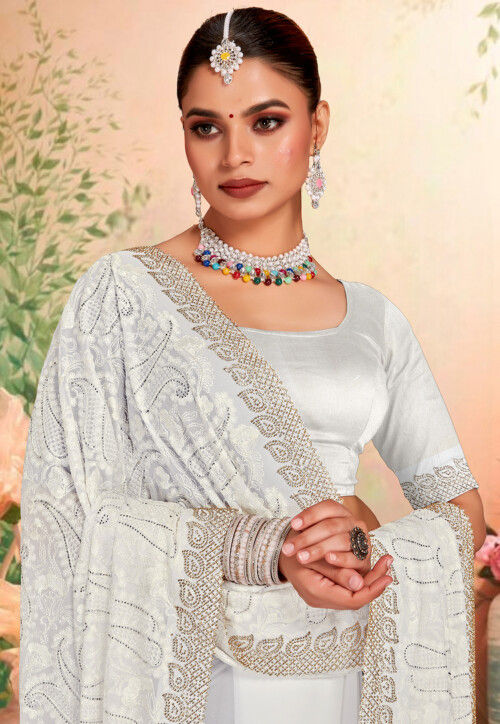 Embroidered Georgette Scalloped Saree in White
