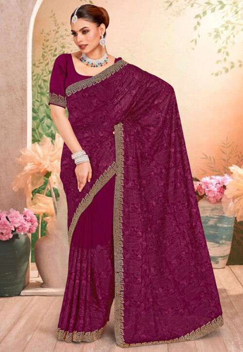 Embroidered Georgette Scalloped Saree in Wine