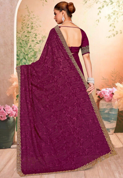 Embroidered Georgette Scalloped Saree in Wine