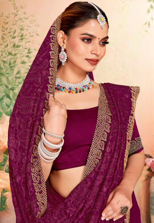 Embroidered Georgette Scalloped Saree in Wine