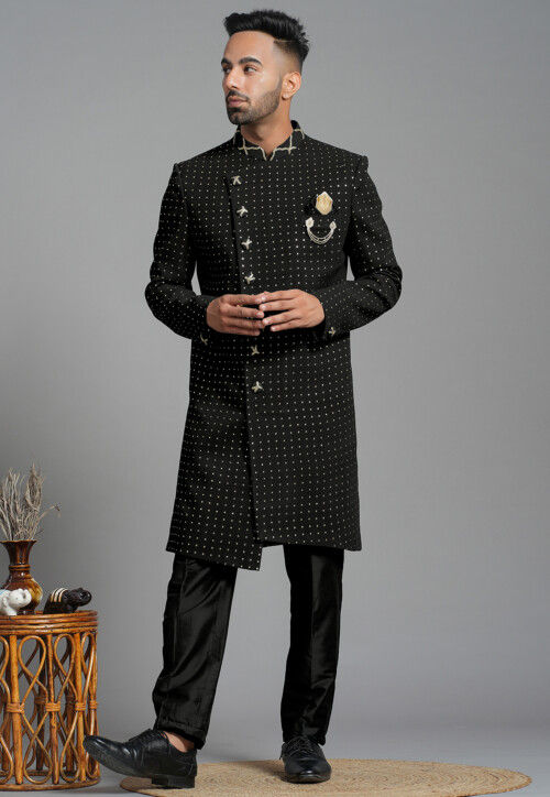 Embroidered Georgette Sherwani in Black