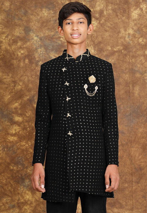 Embroidered Georgette Sherwani in Black