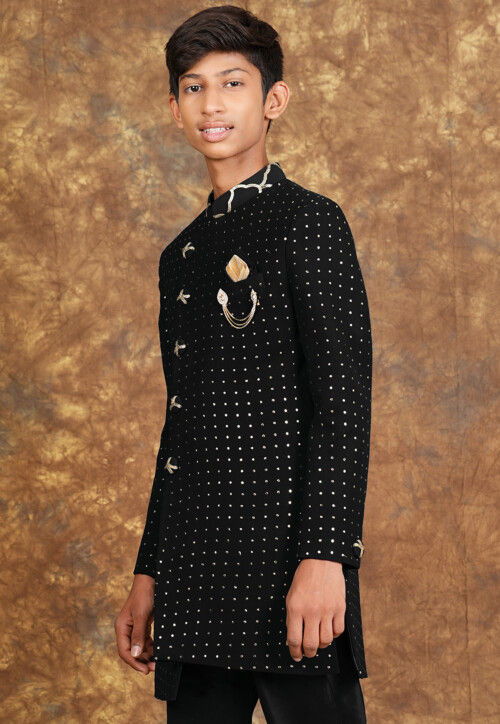 Embroidered Georgette Sherwani in Black