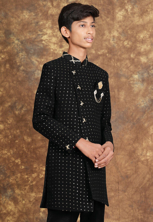 Embroidered Georgette Sherwani in Black