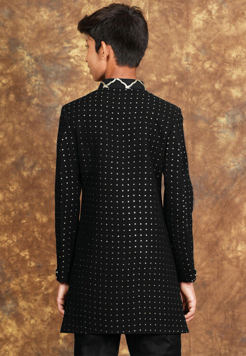 Embroidered Georgette Sherwani in Black