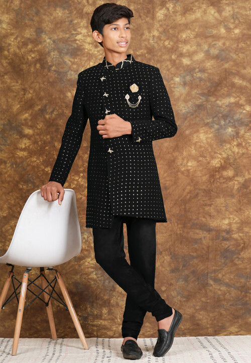 Embroidered Georgette Sherwani in Black