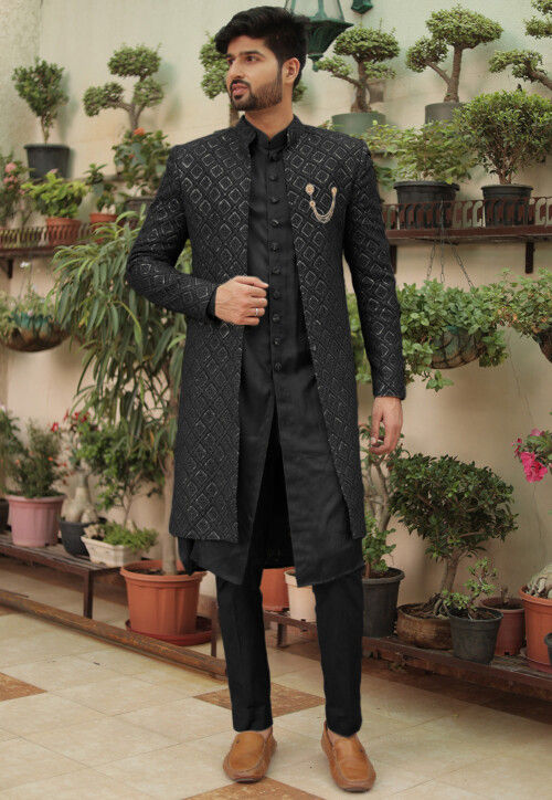Buy Embroidered Art Silk Sherwani in Black Online MTE1726