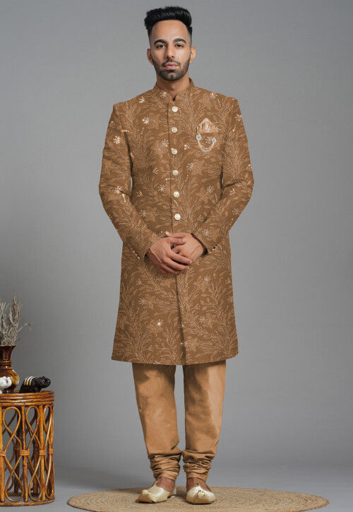 Embroidered Georgette Sherwani in Dark Beige
