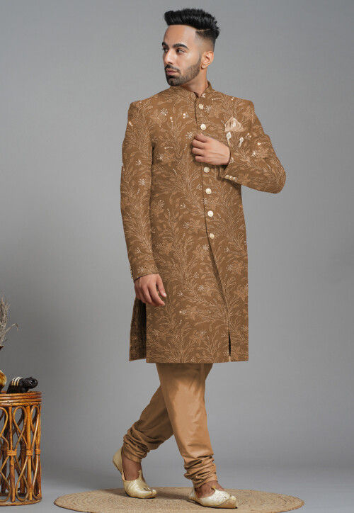 Embroidered Georgette Sherwani in Dark Beige
