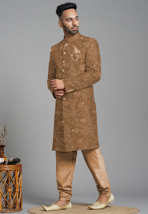 Embroidered Georgette Sherwani in Dark Beige