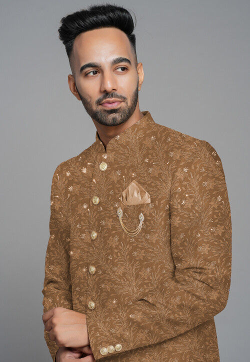 Embroidered Georgette Sherwani in Dark Beige