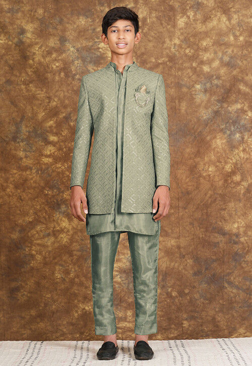 Embroidered Georgette Sherwani in Dusty Green