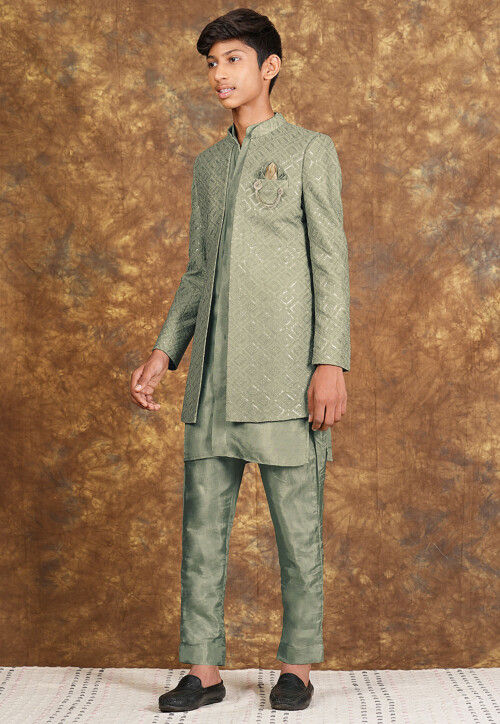 Embroidered Georgette Sherwani in Dusty Green