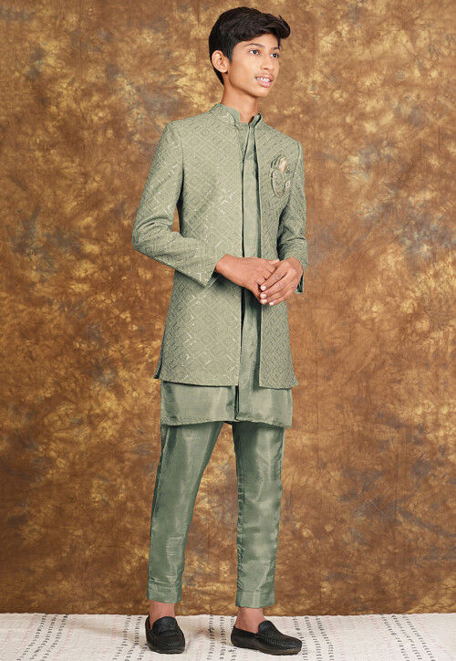 Embroidered Georgette Sherwani in Dusty Green