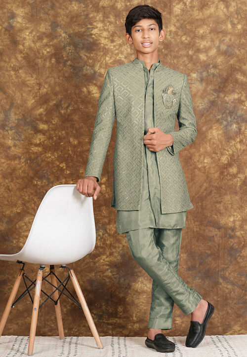 Embroidered Georgette Sherwani in Dusty Green