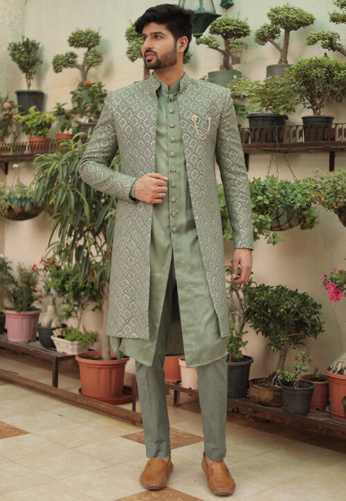 Embroidered Georgette Sherwani in Dusty Green