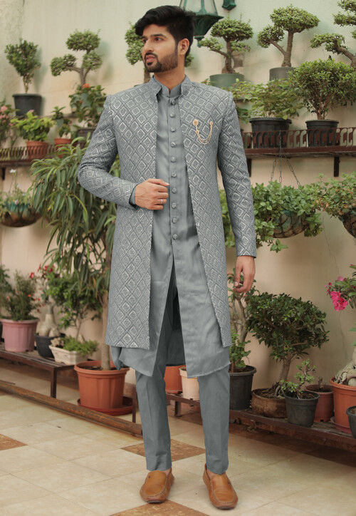 Buy Embroidered Georgette Sherwani in Grey Online MTE2144