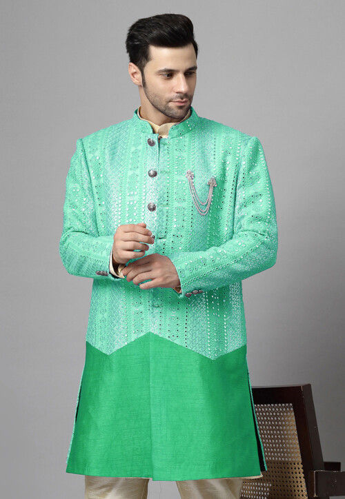 Embroidered Georgette Long Jacket in Light Green
