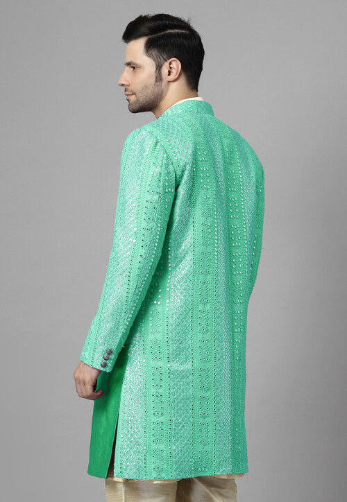 Embroidered Georgette Long Jacket in Light Green