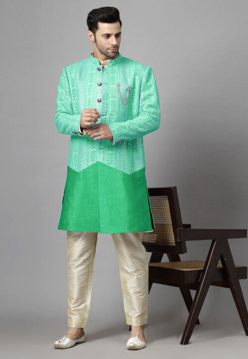 Embroidered Georgette Long Jacket in Light Green