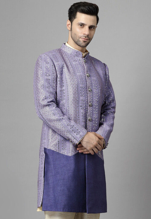Embroidered Georgette Long Jacket in Light Purple