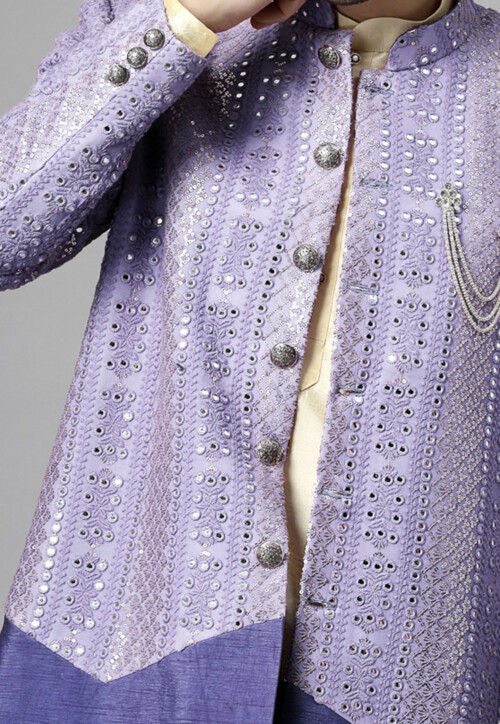 Embroidered Georgette Long Jacket in Light Purple