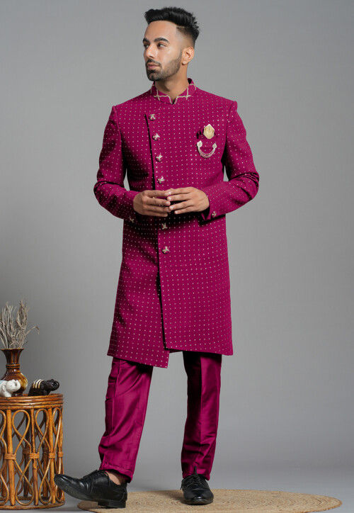 Embroidered Georgette Sherwani in Magenta