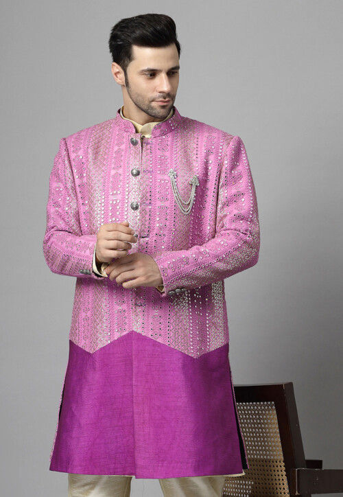 Embroidered Georgette Long Jacket in Magenta