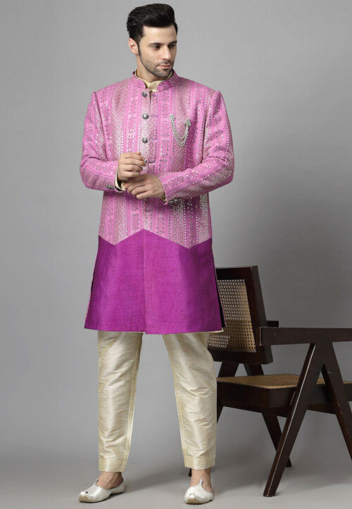 Embroidered Georgette Long Jacket in Magenta